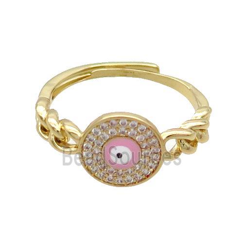 Copper Ring Pave Zircon Pink Enamel Evil Eye Adjustable Gold Plated