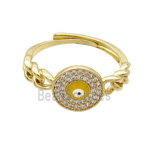 Copper Ring Pave Zircon Yellow Enamel Evil Eye Adjustable Gold Plated