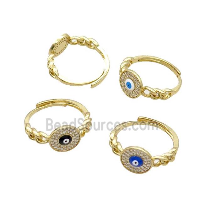 Copper Ring Pave Zircon Enamel Evil Eye Adjustable Gold Plated Mixed