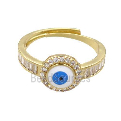 Copper Ring Pave Zircon White Enamel Evil Eye Adjustable Gold Plated