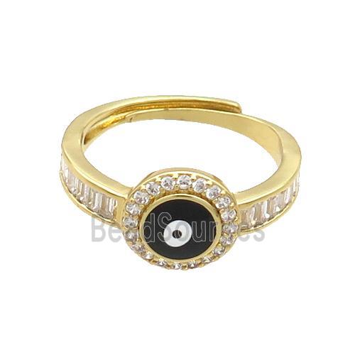 Copper Ring Pave Zircon Black Enamel Evil Eye Adjustable Gold Plated