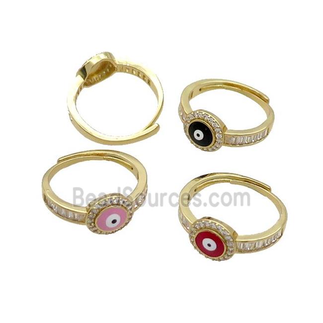 Copper Ring Pave Zircon Enamel Evil Eye Adjustable Gold Plated Mixed