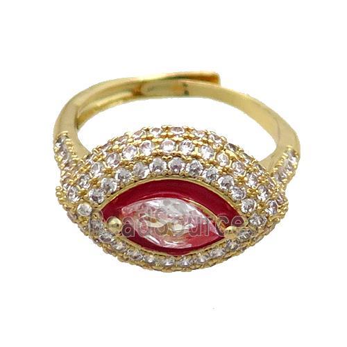 Copper Ring Pave Zircon Red Enamel Eye Adjustable Gold Plated