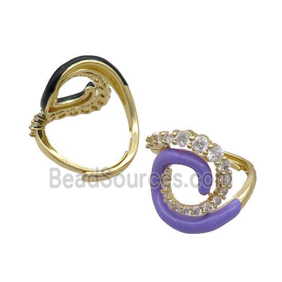 Copper Ring Pave Zircon Purple Enamel Adjustable Gold Plated