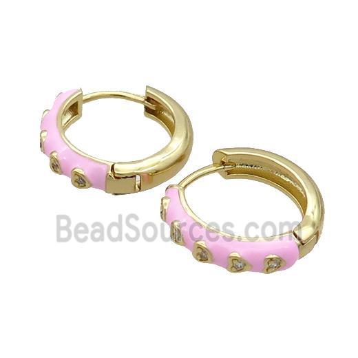 Copper Hoop Earring Pink Enamel Heart Gold Plated