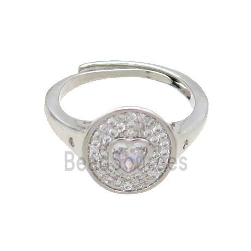 Copper Ring Pave Zircon Circle Heart Adjustable Platinum Plated