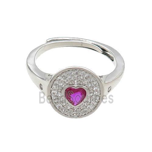 Copper Ring Pave Zircon Circle Hotpink Heart Adjustable Platinum Plated