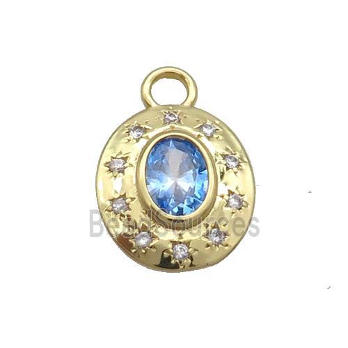 Copper Oval Pendant Pave Zircon Blue Crystal Glass Gold Plated