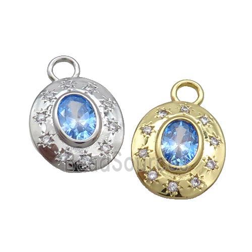 Copper Oval Pendant Pave Zircon Blue Crystal Glass Mixed