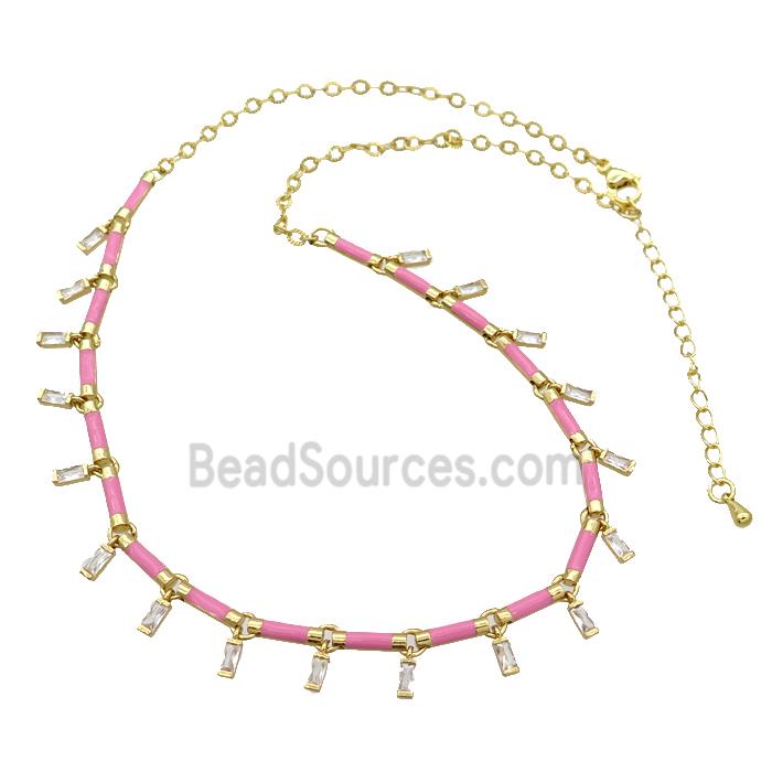 Copper Necklace Pave Zircon Pink Enamel Gold Plated