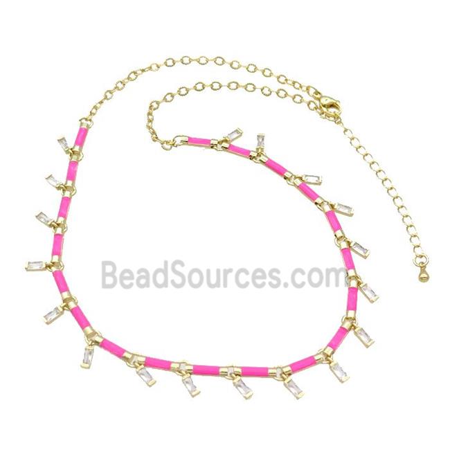 Copper Necklace Pave Zircon Hotpink Enamel Gold Plated