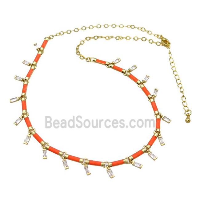 Copper Necklace Pave Zircon Orange Enamel Gold Plated