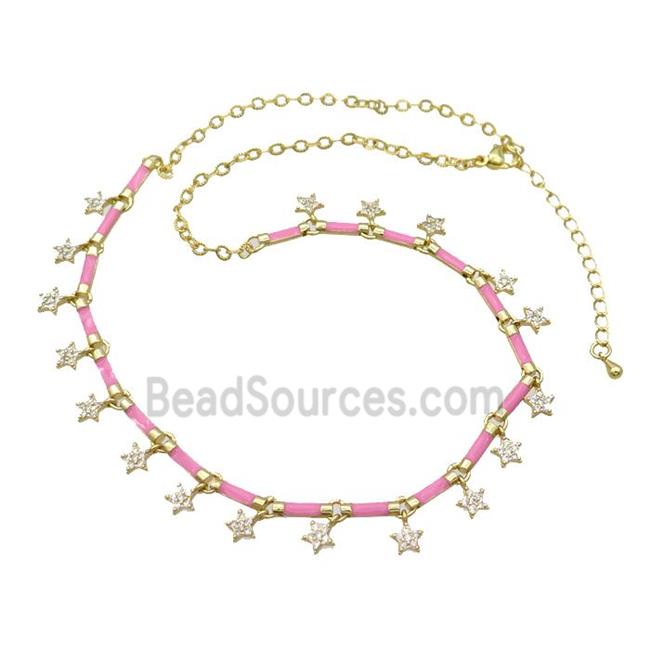 Copper Necklace Pave Zircon Pink Enamel Gold Plated