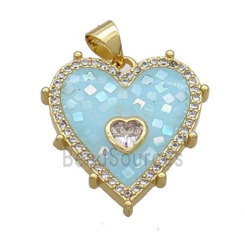 Copper Heart Pendant Pave Shell Aqua Gold Plated