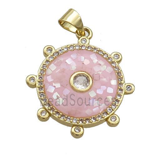 Copper Circle Pendant Pave Shell Pink Gold Plated