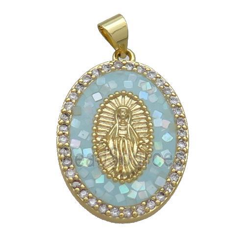 Copper Oval Pendant Pave Shell Virgin Mary Aqua Gold Plated