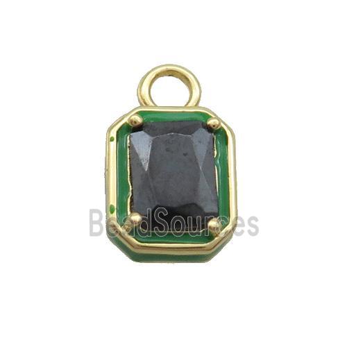 Copper Rectangle Pendant Pave Black Crystal Glass Green Enamel Gold Plated