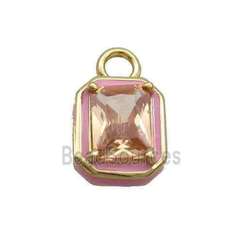 Copper Rectangle Pendant Pave Champagne Crystal Glass Pink Enamel Gold Plated