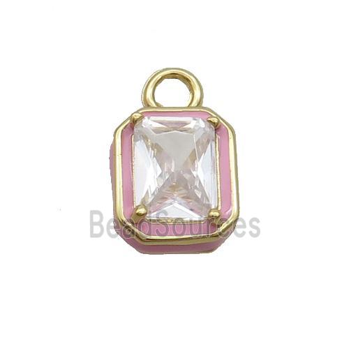 Copper Rectangle Pendant Pave Clear Crystal Glass Pink Enamel Gold Plated