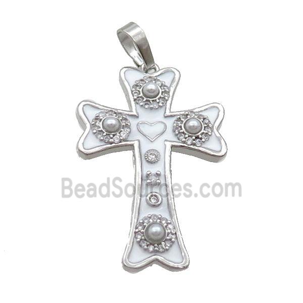 Copper Cross Pendant Pave Zircon White Enamel Platinum Plated