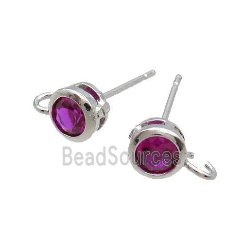 Copper Stud Earring Pave Hotpink Crystal Glass Platinum Plated