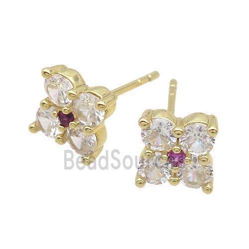 Copper Stud Earring Pave Clear Crystal Glass Flower Gold Plated