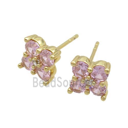 Copper Stud Earring Pave Pink Crystal Glass Flower Gold Plated