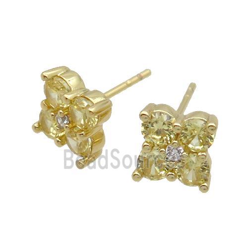 Copper Stud Earring Pave Yellow Crystal Glass Flower Gold Plated