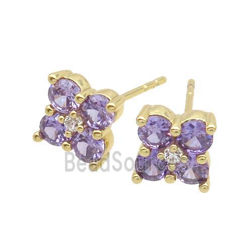 Copper Stud Earring Pave Purple Crystal Glass Flower Gold Plated