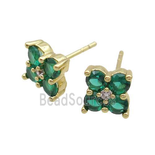 Copper Stud Earring Pave Green Crystal Glass Flower Gold Plated