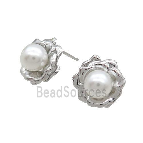 Copper Stud Earring Pave Pearlized Shell White Flower Platinum Plated