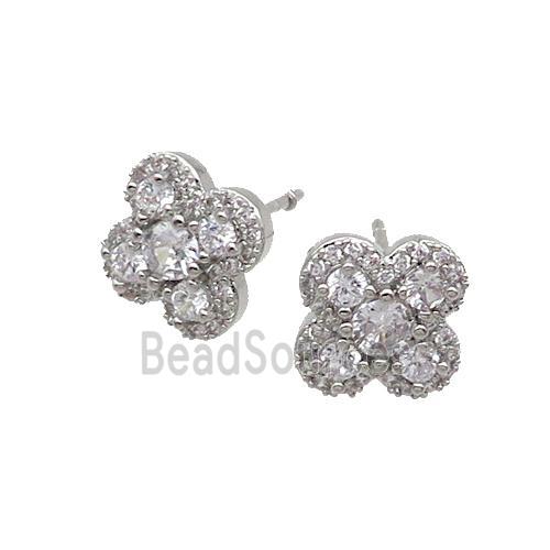 Copper Stud Earring Pave Zircon Clover Platinum Plated