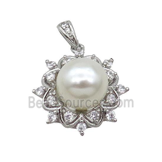 Copper Pendant Pave Pearlized Shell Flower Platinum Plated