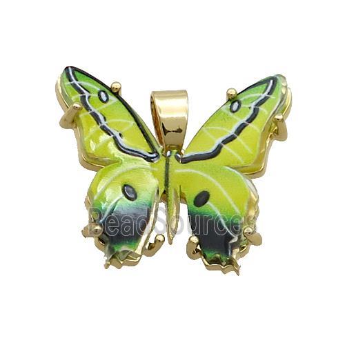 Copper Butterfly Pendant Pave Olive Resin Gold Plated