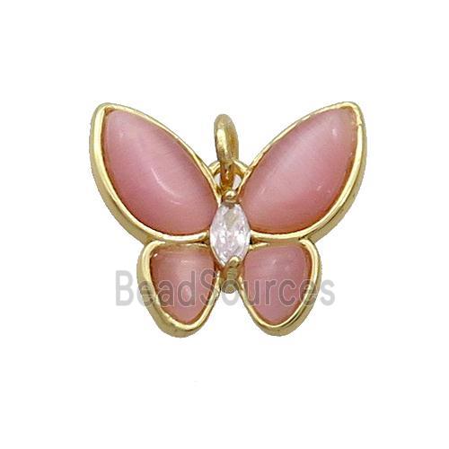 Copper Butterfly Pendant Pave Pink Catseye Gold Plated