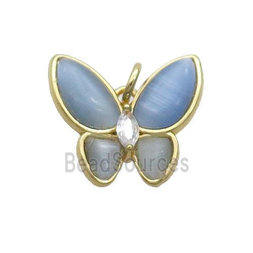 Copper Butterfly Pendant Pave Blue Catseye Gold Plated