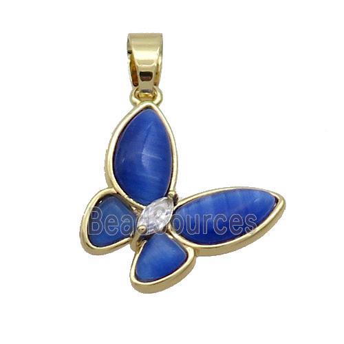 Copper Butterfly Pendant Pave Blue Catseye Gold Plated