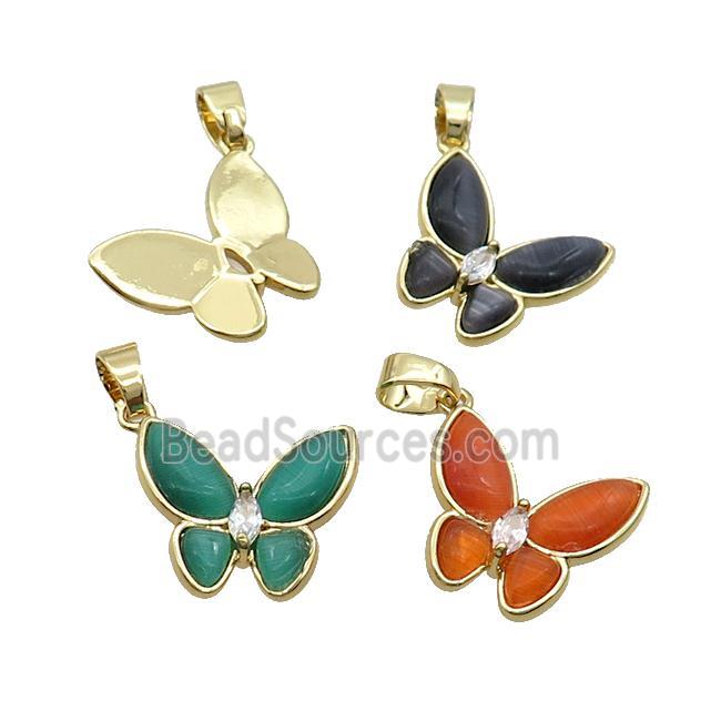 Copper Butterfly Pendant Pave Catseye Gold Plated Mixed