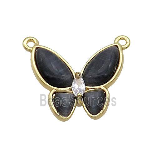 Copper Butterfly Pendant Pave Black Catseye 2loops Gold Plated