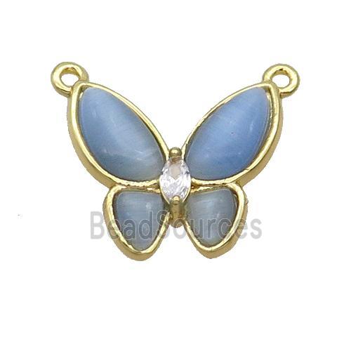 Copper Butterfly Pendant Pave Blue Catseye 2loops Gold Plated