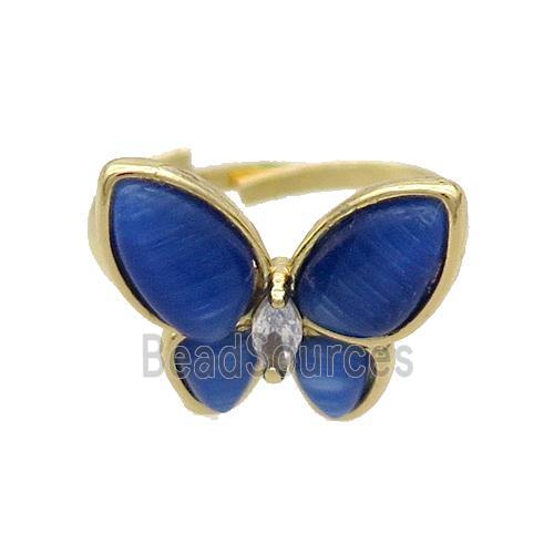 Copper Butterfly Ring Pave Blue Catseye Adjustable Gold Plated