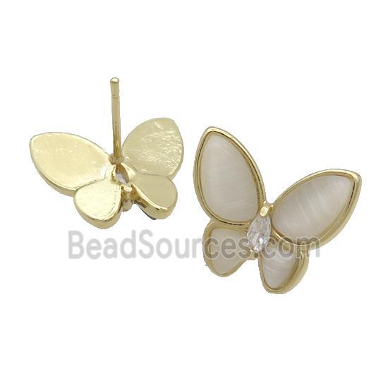 Copper Butterfly Stud Earring Pave White Catseye Gold Plated