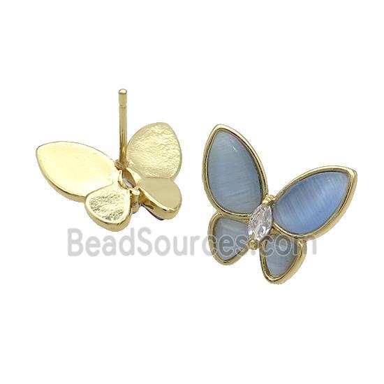 Copper Butterfly Stud Earring Pave Blue Catseye Gold Plated