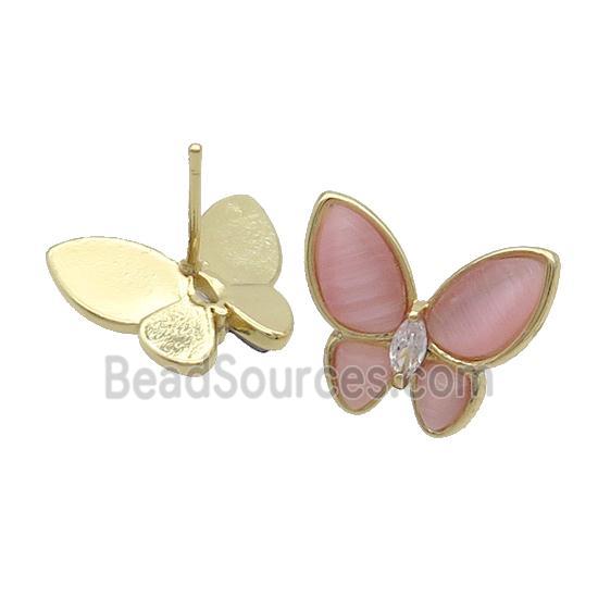 Copper Butterfly Stud Earring Pave Pink Catseye Gold Plated