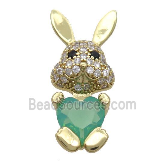 Copper Rabbit Pendant Pave Zircon Green Crystal Gold Plated