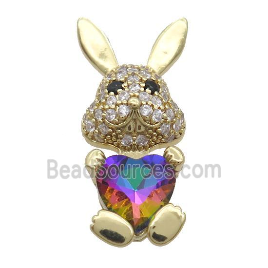 Copper Rabbit Pendant Pave Zircon Rainbow Crystal Gold Plated