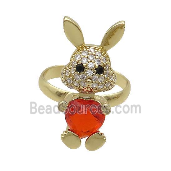 Copper Rabbit Ring Pave Zircon Red Crystal Adjustable Gold Plated