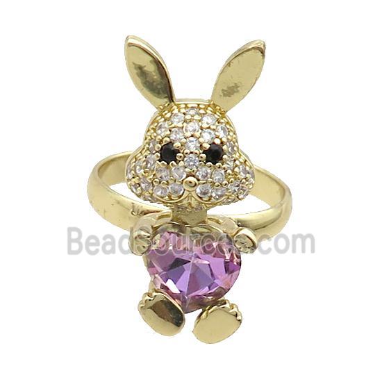 Copper Rabbit Ring Pave Zircon Purple Crystal Adjustable Gold Plated