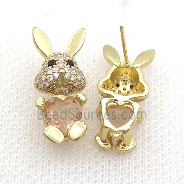 Copper Rabbit Stud Earring Pave Zircon Champagne Crystal Gold Plated