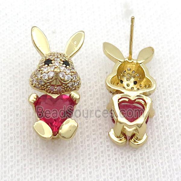 Copper Rabbit Stud Earring Pave Zircon Red Crystal Gold Plated